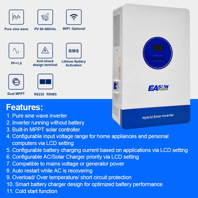 EASUN POWER Hybrid-Solarwechselrichter 12kVA 11kW 48V 150A MPPT Solarladegerät mit reinem Sinus, WLAN-Unterstützung und Parallelbetrieb, Weiß - Bild 3