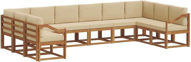 vidaXL Outdoor-Sofagarnitur aus Akazienholz in L-Form, 10-teiliges Set in Natur und Beige mit Kissen und Armlehnen - Bild 1