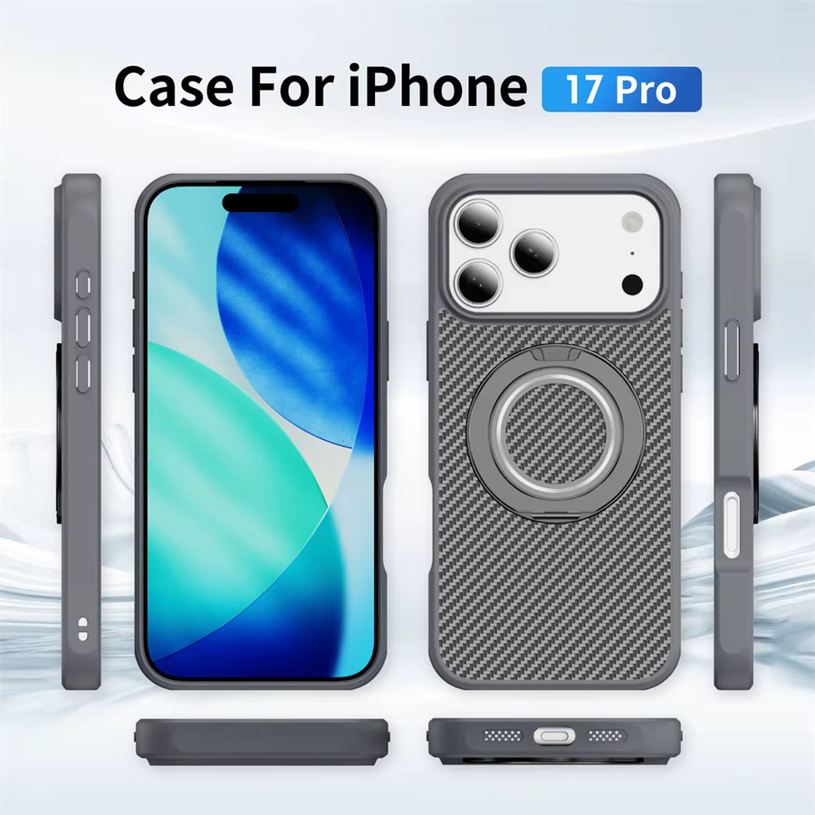 Magnetische Handyhülle mit 360 Grad rotierender Halterung für Apple iPhone 17 Air 16 15 14 13 12 Pro Max in Black mit Kohlefaser-Schutz - Bild 3