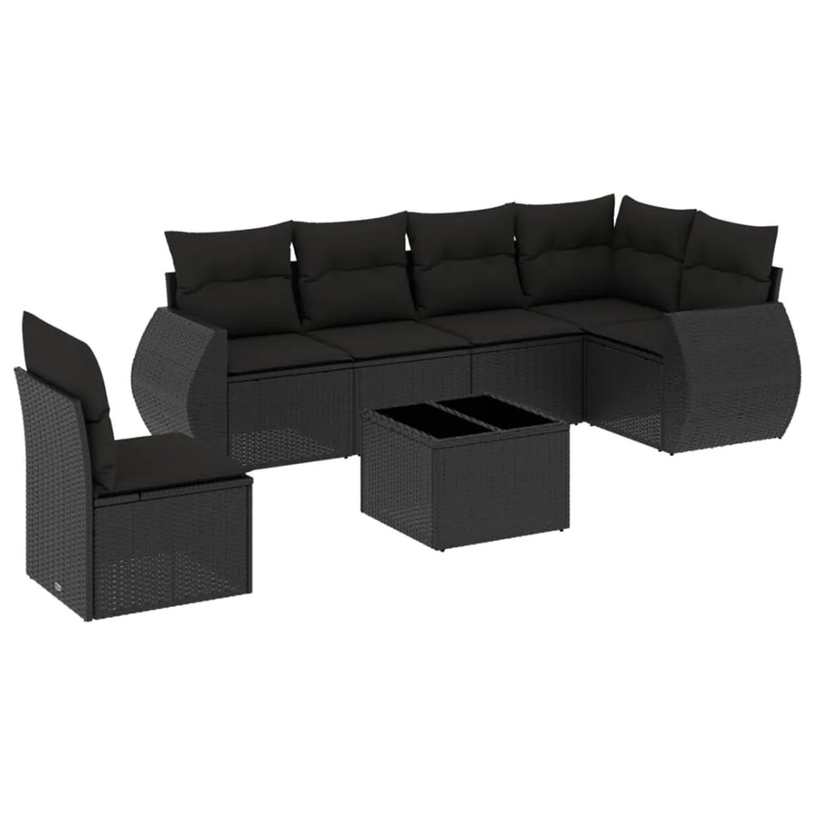 vidaXL 7-teilige Garten-Sofagarnitur in L-Form aus schwarzem Poly-Rattan mit Kissen und pulverbeschichtetem Stahlgestell - Bild 2