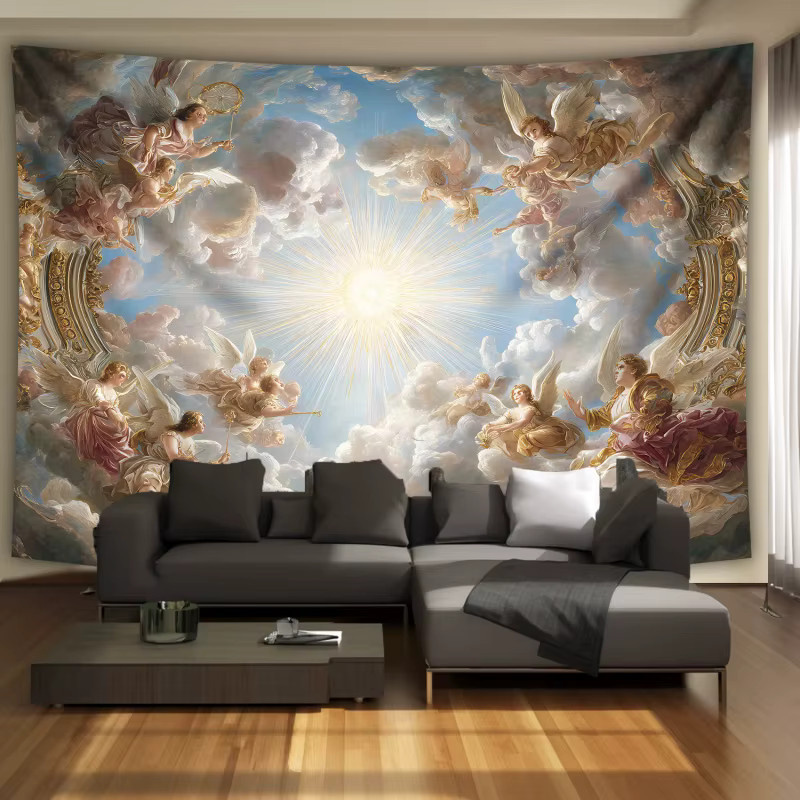 VIKAMA Klassischer Engel-Himmel-Wandteppich in barocker religiöser Kunst im Buo-Stil, Mehrfarbig - Bild 2