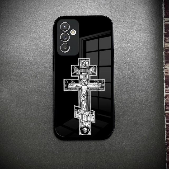 Handyhülle mit Orthodoxes Kreuz I-Icon aus Glas für Samsung Galaxy S26 S25 S24 S23 S22 S21 S20 Ultra Plus A34 A15 A14 in Schwarz - Bild 1