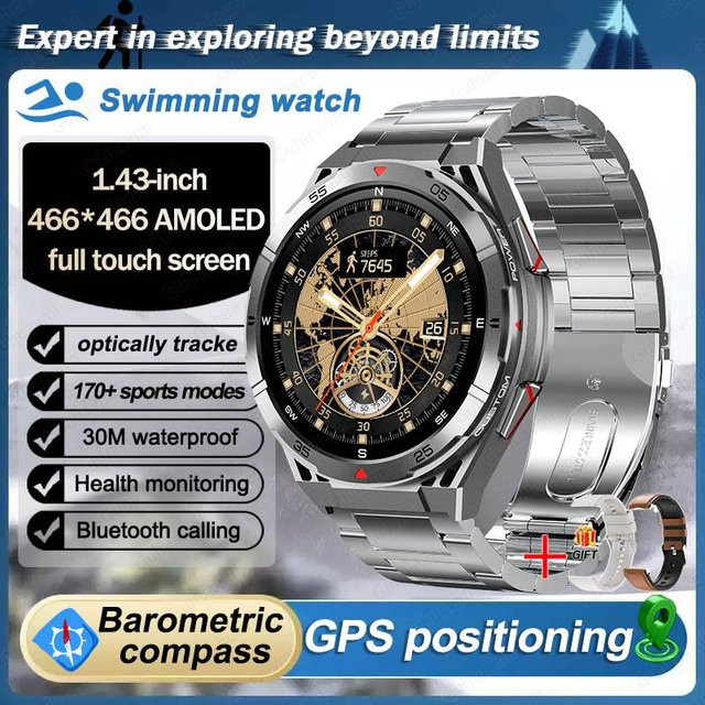 QLY Online GPS Smartwatch für Herren mit Bluetooth Anruffunktion, 1,43 Zoll Display, Sportmodi, Sprachassistent und Wasserdichtigkeit, Farbe: Silber - Bild 1