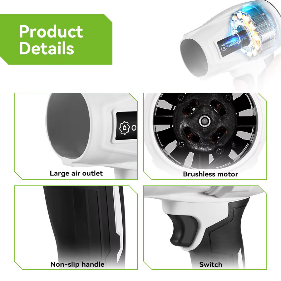 ONEGREEN Bürstenloser elektrischer Turbogebläse-Staubsauger und kabelloser Laubbläser in Weiß, kompatibel mit Makita 18V Akku, 2000W und 150000RPM - Bild 3