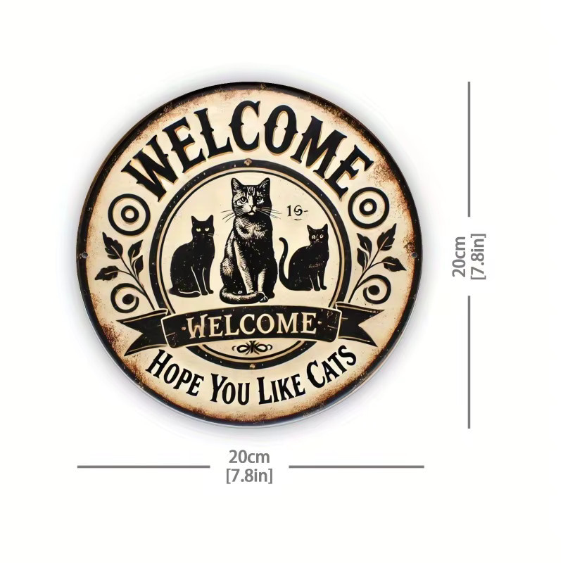 Potdemiel Metallwandschild Welcome Hope You Like Cats Rund, Vintage Schwarz, Durchmesser: 19,81 cm - Bild 2