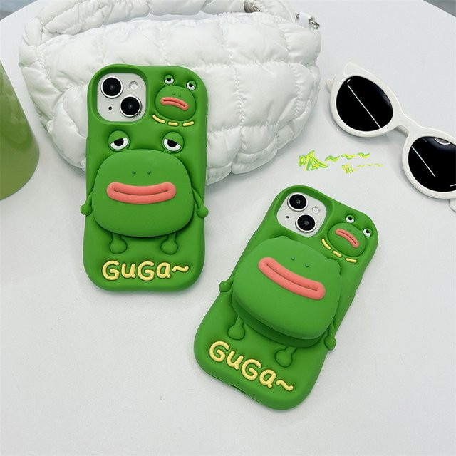 MUQGEW Silikon Handyhülle mit Frosch-Cartoon-Design und Teleskophalterung für iPhone 15, 14, 13, 12 Pro Max in Grün - Bild 1