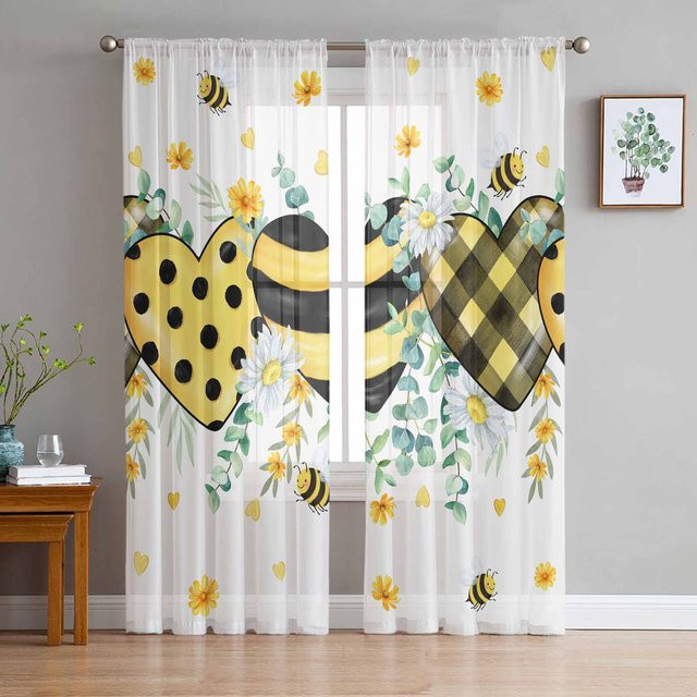 Transparente Tüll-Vorhänge von Super Six mit Aquarell-Bienen, Eukalyptusblättern und Gänseblümchen in Beige, Breite: 135 cm, Höhe: 114 cm - Bild 1