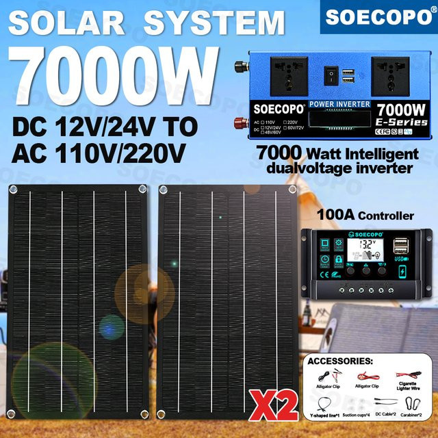 SOECOPO Sonnensystem-Kit mit 7000 W Leistung, 2 x 600 W Solarpanels, Dual-Spannungs-Wechselrichter 12 V/24 V bis 110 V/220 V und 100 A Controller für Zuhause, Camping und Wohnmobil - Bild 1