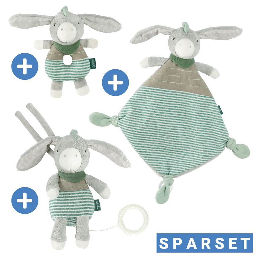 Fehn Eselchen Exklusiv Geschenk-Set zur Geburt, 3-teiliges Set, Spieluhr, Schmusetuch, Greifling - Bild 1