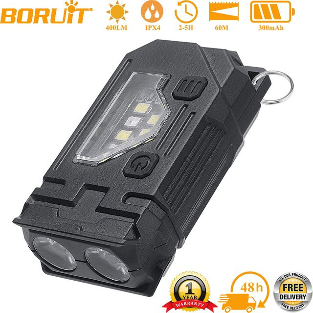 BORUiT LED-Schlüsselanhänger EDC-Taschenlampe mit 400 Lumen, wiederaufladbare Arbeitslicht-Taschenlampe mit Magnet und Typ-C-Anschluss, Schwarz - Bild 1