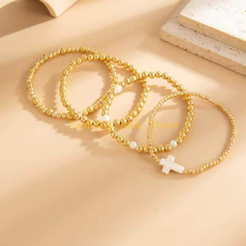 N5KA Armband-Set, Perlen, Kreuze Charm, Gold, Unisex - Bild 2