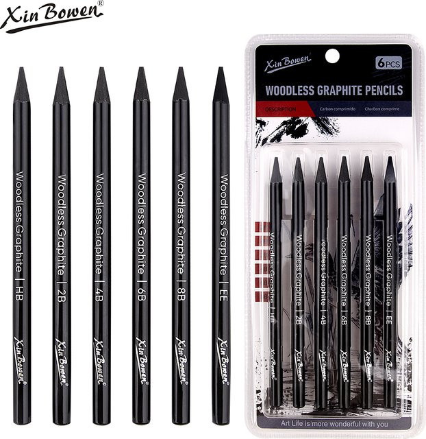 Xin Bowen Graphit- und Kohlestift-Set für Skizzen und Zeichnungen, 6er Pack, Schwarz - Bild 1