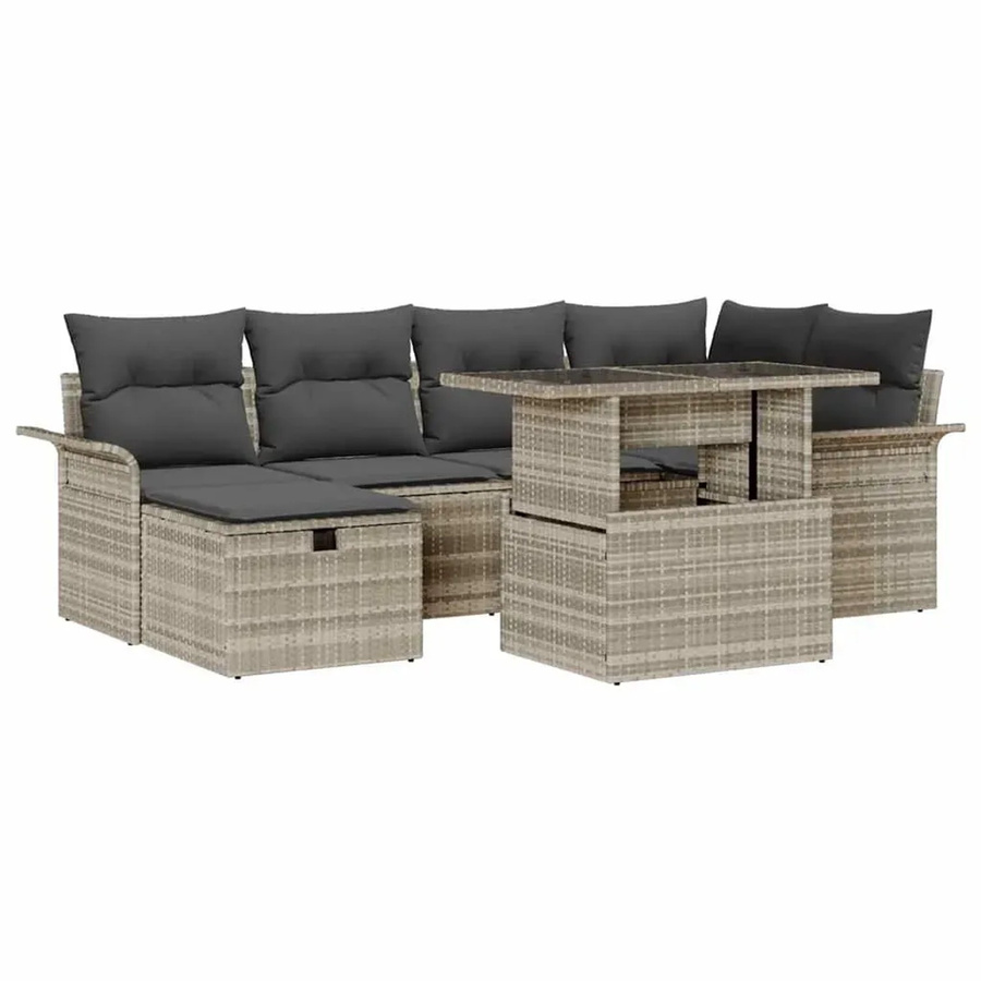 vidaXL Garten-Sofa-Set aus Polyrattan in Hellgrau, 7-teilige Lounge-Garnitur mit Kissen, Eckelement, Sesseln, Ottoman und Couchtisch für Garten und Terrasse - Bild 2