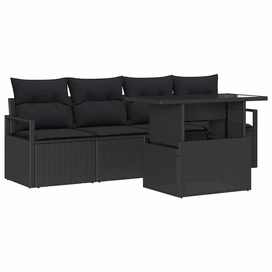 vidaXL Garten-Sofa-Set aus Poly Rattan in Schwarz, 5-teiliges Set mit Tisch, Polsterkissen und integriertem Stauraum - Bild 2