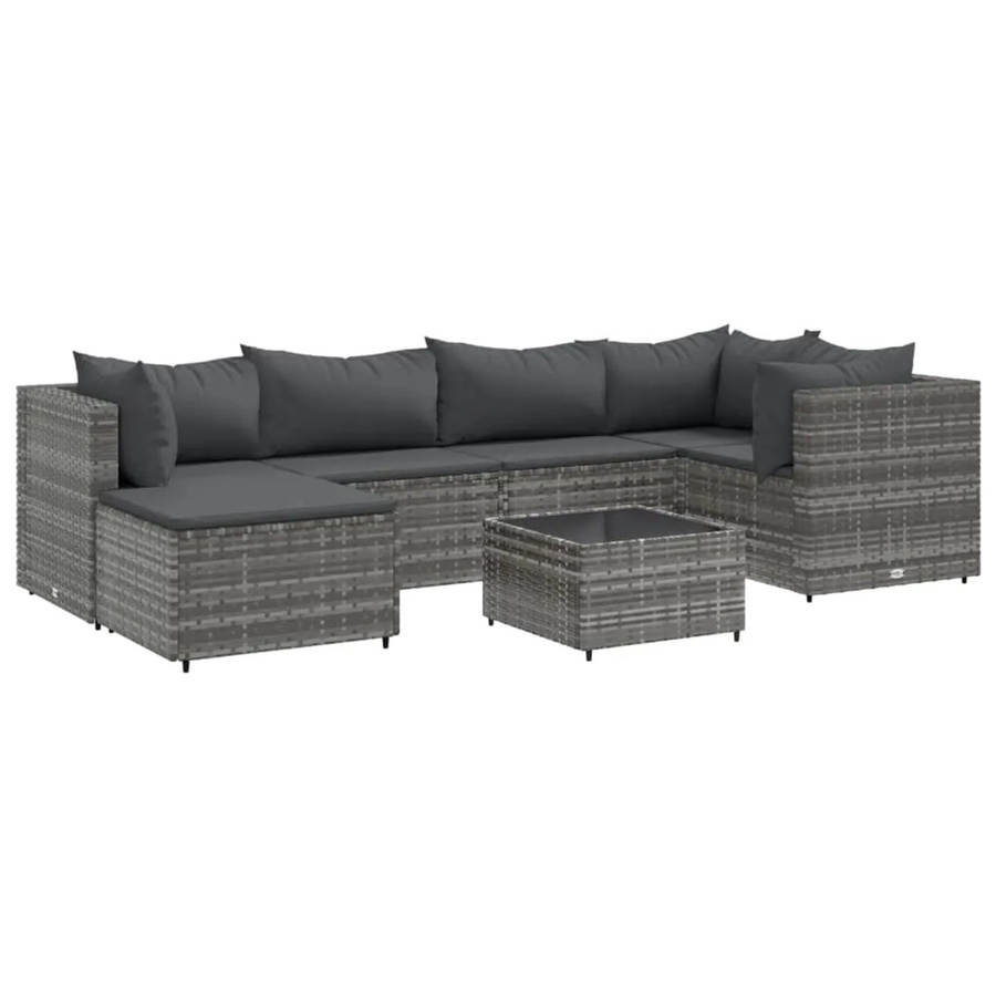 vidaXL 7-tlg Garten-Lounge-Set L-Form aus grauem Poly-Rattan mit Kissen und pulverbeschichtetem Stahlgestell - Bild 2
