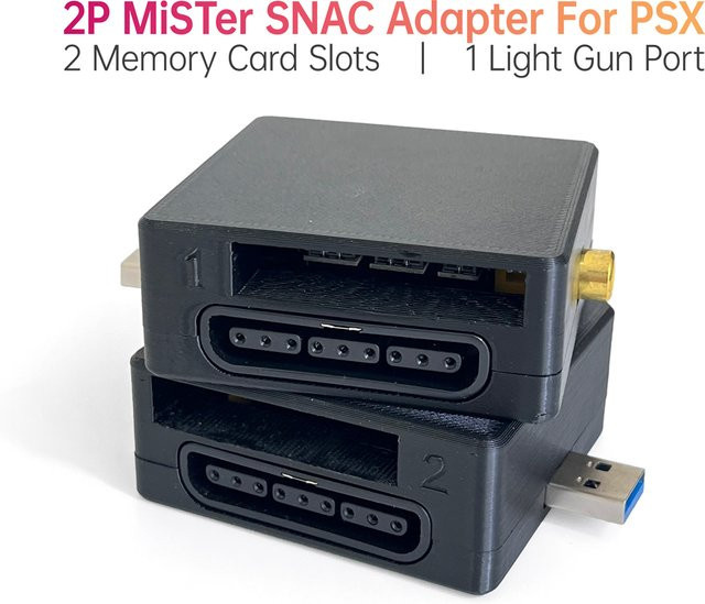 2er-Set SNAC-Adapter für PSX-Controller für MiSTer FPGA-System mit 2 Speicherkartensteckplätzen und 1 Light-Gun-Anschluss in Schwarz mit 3D-gedrucktem Gehäuse - Bild 1