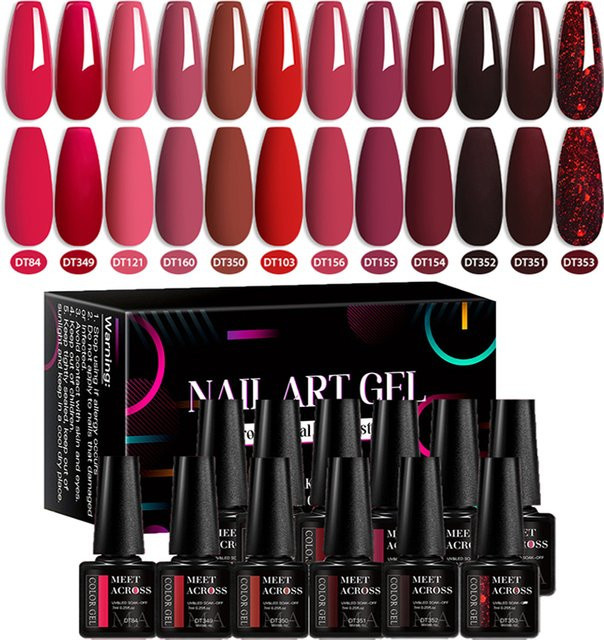 MEET ACROSS Red Series Gel-Nagellack Set, 12 Stück, Glänzend - Bild 1