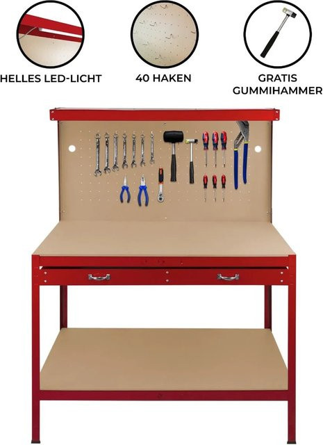 Monstershop Werkbank mit Lochwand, Schublade und Licht in Rot, B/T/H: 155 x 120 x 60 cm - Bild 1