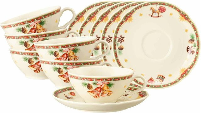 Seltmann Weiden Weihnachtsnostalgie Teetassen mit Untertassen Marieluise aus Porzellan, 12er Set, Beige/Weiß, 130 ml - Bild 1