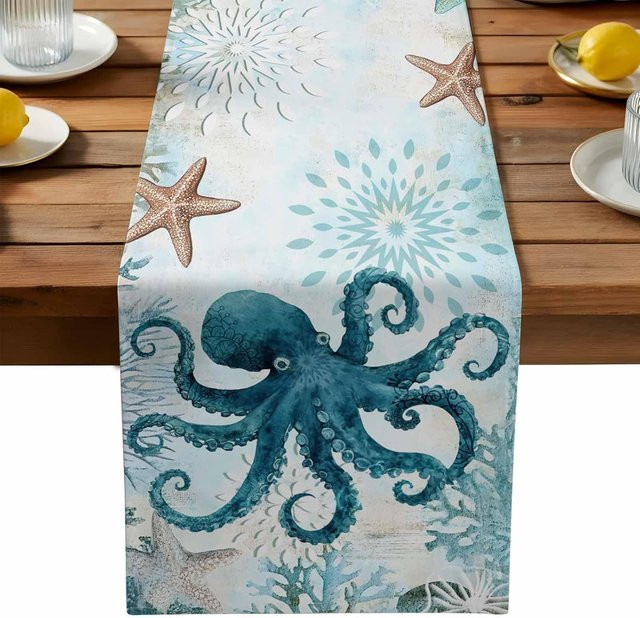 JMG Household Supplies Tischläufer aus Leinen mit blauem Oktopus und Seestern in Grau, B/H: 150 x 33 cm - Bild 1