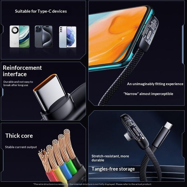 SAFENH USB-C-zu-C-Kabel 60W Schnellladekabel mit 90-Grad-Winkel und Nylon-Ummantelung in Schwarz - Bild 1