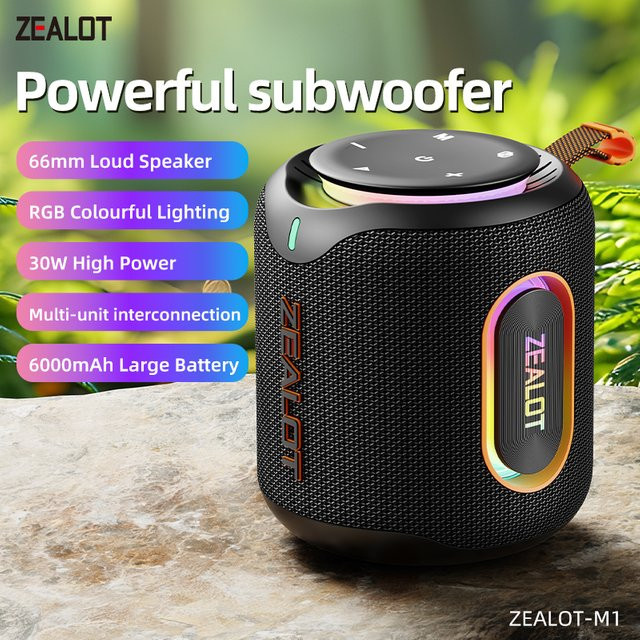 ZEALOT M1 Kabelloser Lautsprecher mit 30 W, RGB-Beleuchtung, IPX6 wasserdicht, 30 Stunden Spielzeit, Schwarz/Multicolor - Bild 1