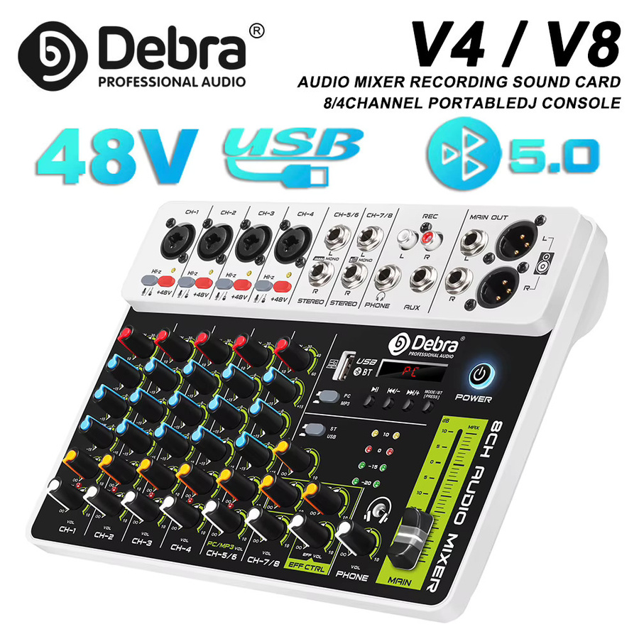 Debra V4/V8 Audio Interface Mixer mit Bluetooth 5.0, Phantomspeisung und Delay-Replay-Effekten in Weiß - Bild 7