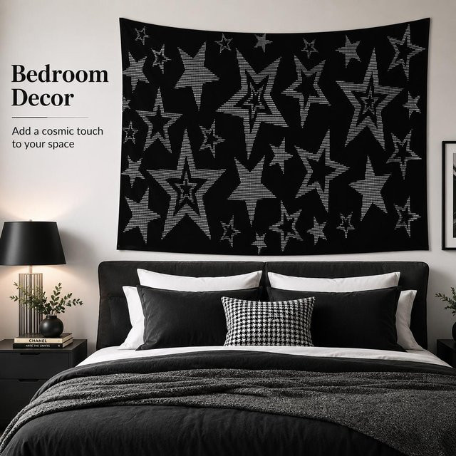 JMG Household Supplies Y2K Wandteppich Sternenmotiv Schwarz, Wandbehang aus Textil, Breite: 40 cm, Höhe: 60 cm - Bild 1