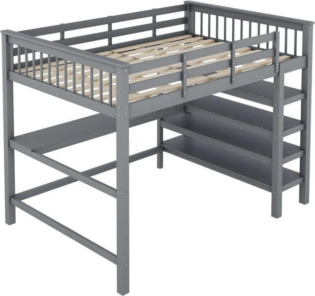 okwish Hochbett für Kinder aus Kiefernholz und MDF in Grau mit Ablagefächern und Unterbettschreibtisch, B/T/H: 140 x 200 x 149 cm - Bild 1