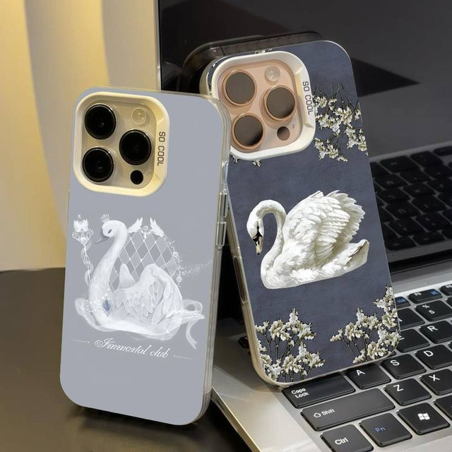 Elegante Handyhülle im Schwan-Design für Apple iPhone 17 16 15 14 13 12 11 Pro Max Plus in Weiß und Silber - Bild 1