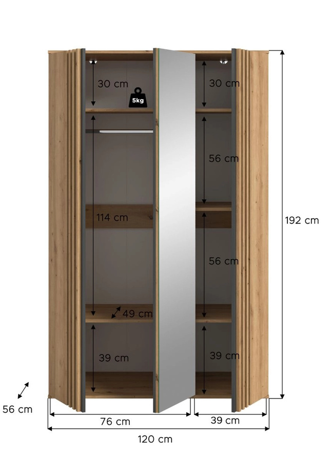 Kleiderschrank Björke mit Spiegel in Artisan Eiche, B/H: 120 x 192 cm - Bild 5