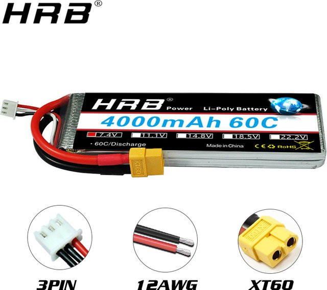 HRB Li-Ion Pack Akku 7,4 V 4000 mAh 60C mit XT60 Stecker für RC Quadcopter Hubschrauber Boot Auto Flugzeug - Bild 1