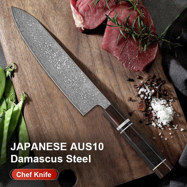 Baovim Japanisches Profi-Kochmesser aus 67-lagigem Damaszener Stahl mit Ebenholzgriff in Schwarz, Länge: 20,32 cm - Bild 1