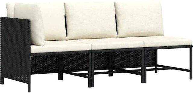 vidaXL 3-tlg. Garten-Sofagarnitur in L-Form aus Poly-Rattan und Stahl mit Auflagen in Schwarz und Cremeweiß - Bild 1
