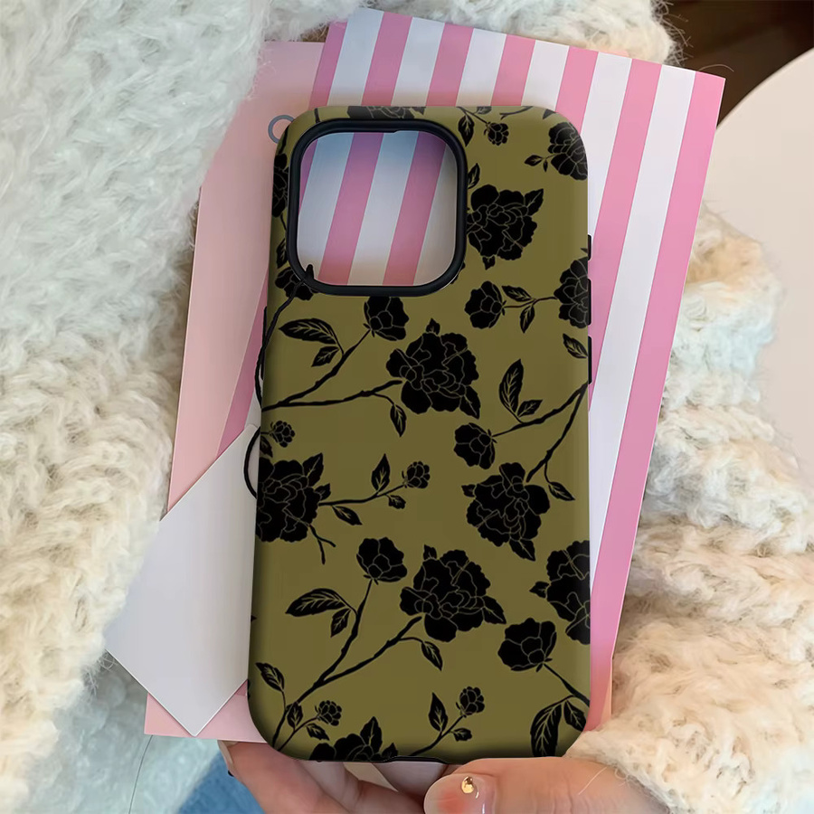 Handyhülle mit schwarzem Blumenmuster auf Olive für Apple iPhone 17 16 15 14 13 12 11 Pro Max Plus mit doppelschichtiger Rückseite - Bild 4
