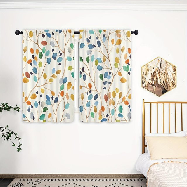 Yiran Furniture Aquarell Botanische Küchenvorhänge im 2er-Set mit buntem Blätterdesign, halbtransparent, B: 65 cm, H: 60 cm - Bild 1