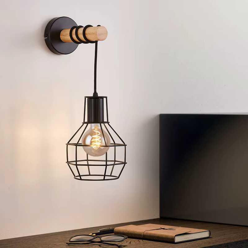 JOYINLED Wandleuchte Moderne Retro Nachttischlampe im Käfig-Design Schwarz mit Holzsockel WL0334 - Bild 4