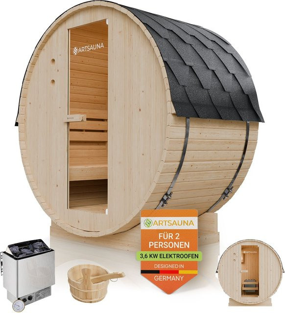 Artsauna Fasssauna Spitzbergen 120 für 2 Personen aus Fichtenholz mit 3,6 kW Saunaofen und Zubehör - Bild 1