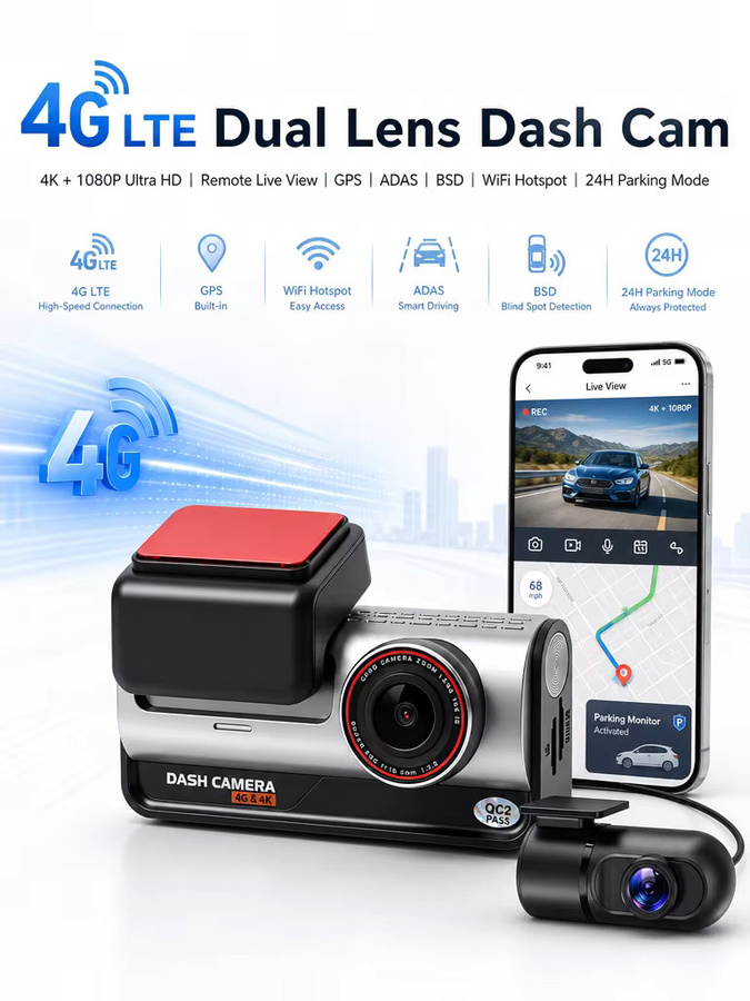 Bluavido 4G LTE 4K Ultra HD Dual-Dashcam mit GPS, WLAN-Hotspot, ADAS und 24-Stunden-Parkmodus in Schwarz - Bild 7