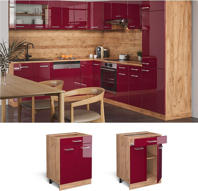 Vicco Küchenunterschrank R-Line Bordeaux Hochglanz in Goldkraft Eiche mit Schublade Breite: 60 cm - Bild 1