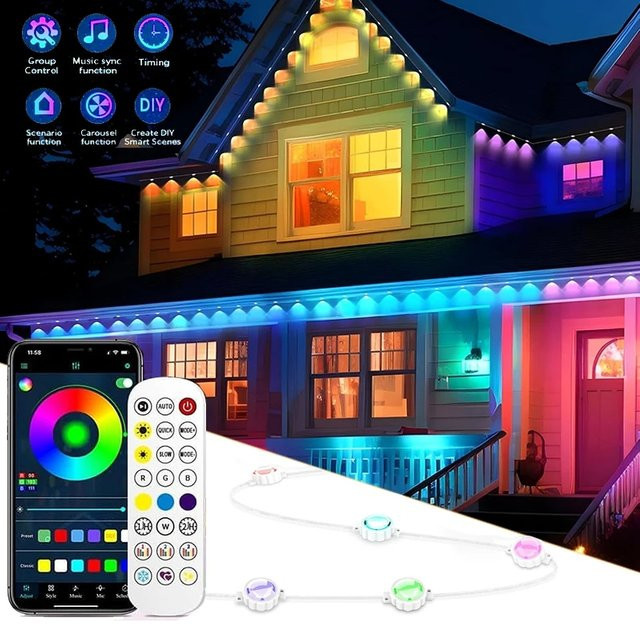 LINYILIGHT RGBIC LED-Traufenkette für Außen, intelligente Bluetooth-Lichterkette mit Musiksynchronisierung, wasserdicht, Multicolor - Bild 1