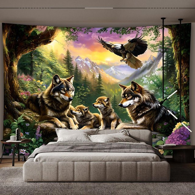 Wandteppich mit Wolfsfamilie und Adler im Bergwald bei Sonnenuntergang von JMG Household Supplies, Mehrfarbig, Breite: 100 cm, Höhe: 70 cm - Bild 1
