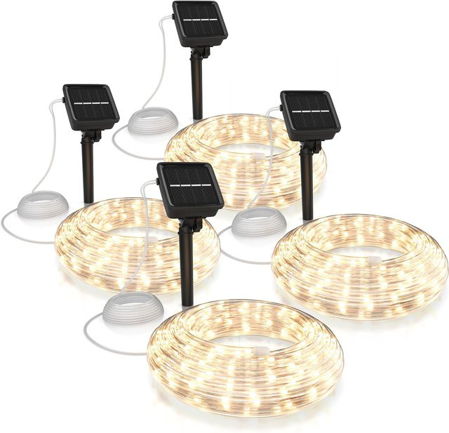 BEARWARE 4er Set Solar LED-Lichterkette mit 100 warmweißen LEDs, 10m Länge, IP44 wetterfest für Innen und Außen - Bild 1