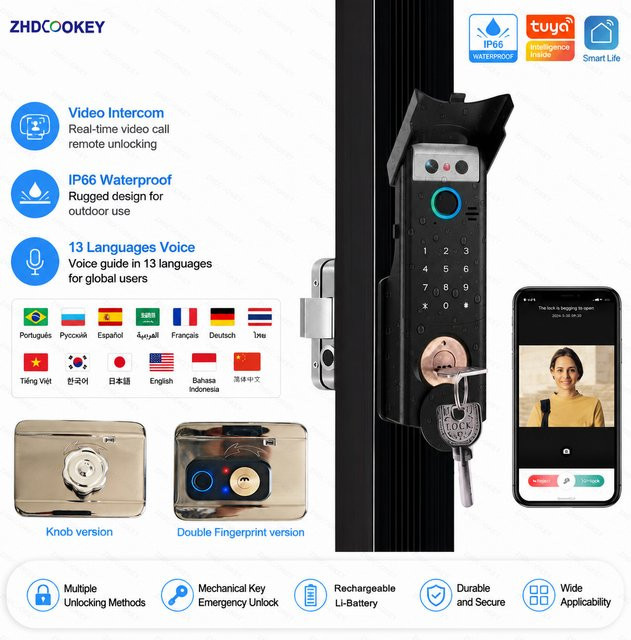 ZhdCookey Smart Türschloss mit Video-Intercom, 3D-Gesichtserkennung, Fingerabdruck, Passwort, IC-Karte und Tuya Smart Home App Anbindung, wasserdicht, in Schwarz oder Silber - Bild 1