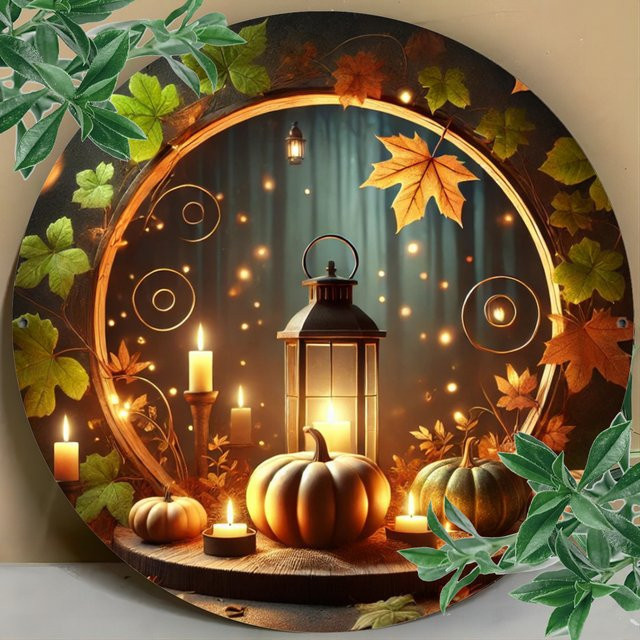 Potdemiel Vintage Herbst Wanddekoration aus Metall mit Kürbis und Laterne, bunter Metallkranz mit Hängeschlaufe für rustikalen Bauernhaus-Stil - Bild 1