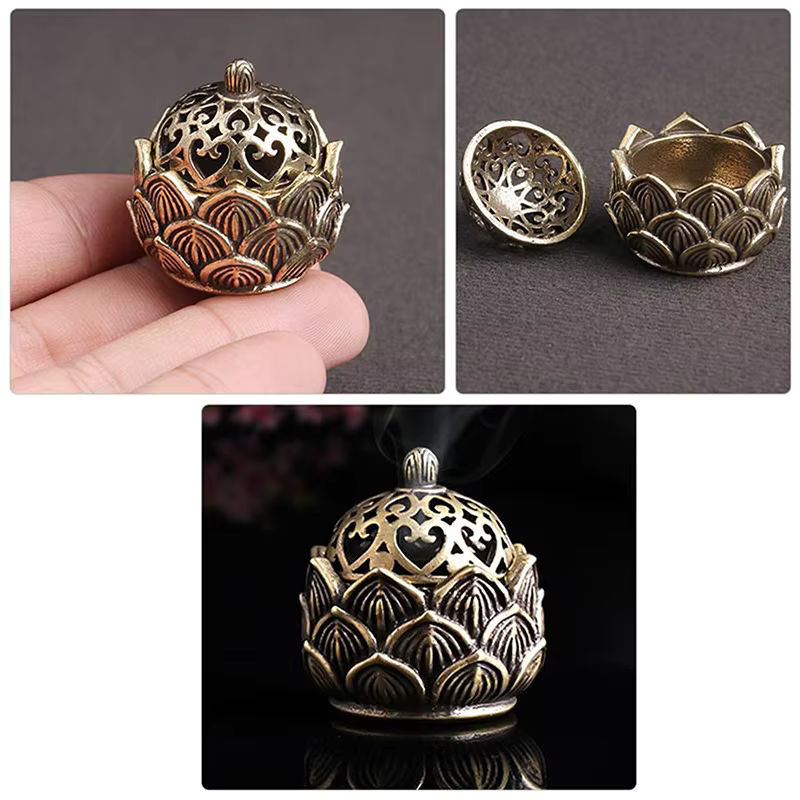 Dekorativer Weihrauchhalter Lotus aus Kupfer in Gold im Vintage-Design als Desktop-Ornament - Bild 5