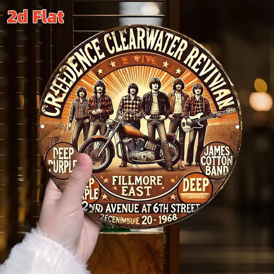Vintage Creedence Clearwater Revival Band Metallwandkunst Potdemiel – Rundes Aluminiumschild Deep Purple und Fillmore East in Multicolour, Durchmesser: 20 cm - Bild 4