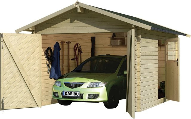 Karibu Blockbohlengarage aus Massivholz in Braun mit Satteldach, Doppeltor und Seitentür, B/T/H: 297 x 447 x 270 cm - Bild 4