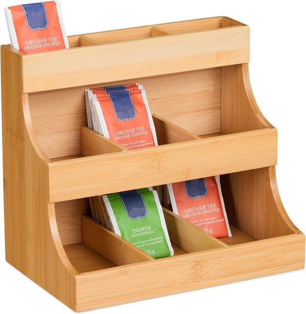 Relaxdays Tee Organizer aus Bambus in Natur mit 9 Fächern, B/T/H: 24 x 26 x 17,5 cm - Bild 1