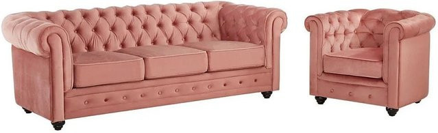 Vente-unique Chesterfield Couchgarnitur aus Samt mit 3-Sitzer-Sofa und Sessel in Puderrosa, Breite: 205 cm, Tiefe: 82 cm - Bild 1